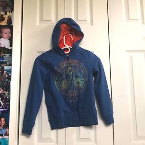 Zip up hoodie blue with a dragonfly on front